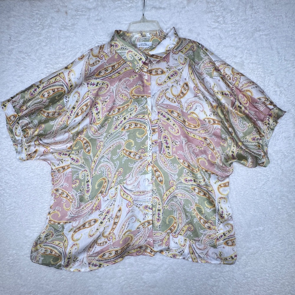 Emily Wonder Button Up Blouse Womens 2X Green Paisley Boho Grandmacore Retro - Picture 2 of 10